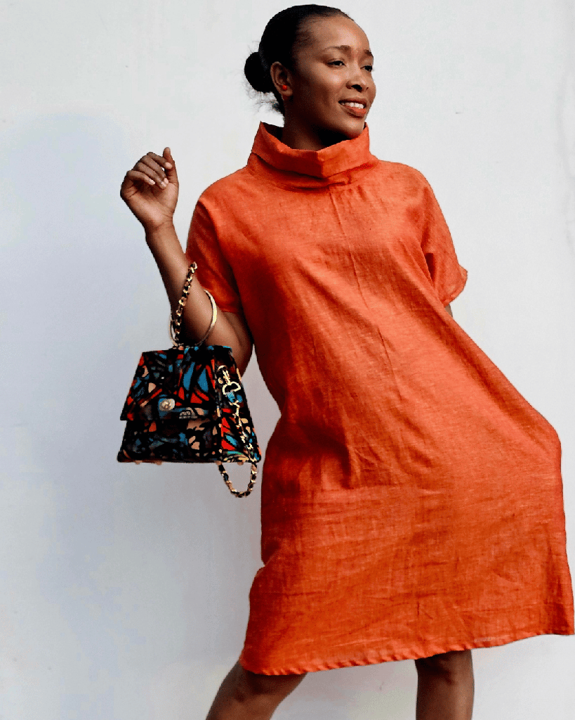 Linen turtleneck dress orange