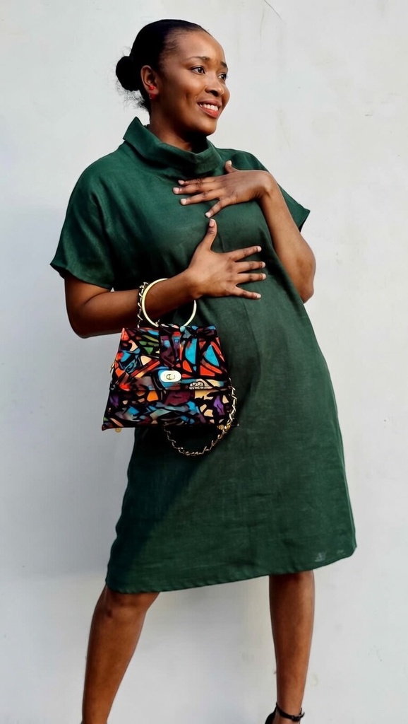 Linen turtleneck dress jungle green mat