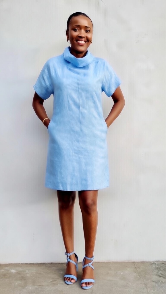 Linen turtleneck dress light blue