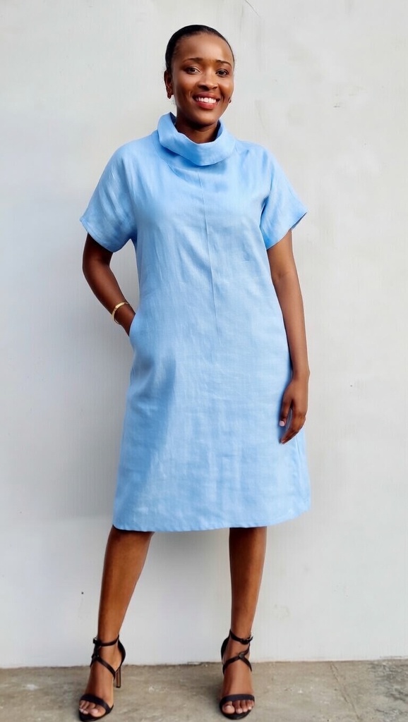 Linen turtleneck dress light blue