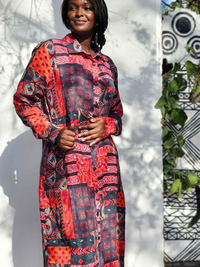 Long linen shirt burgundy black