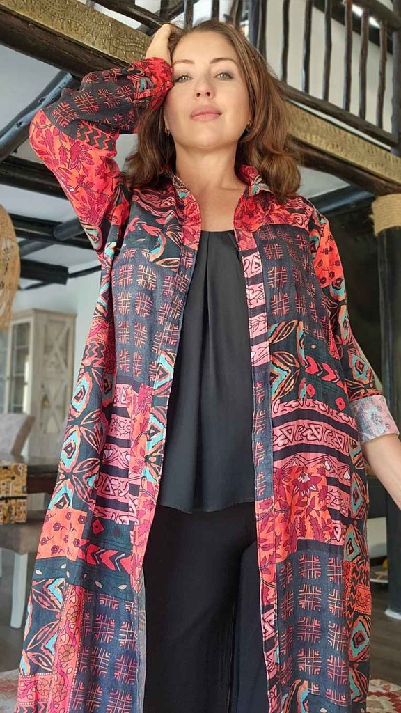 Long linen shirt burgundy black