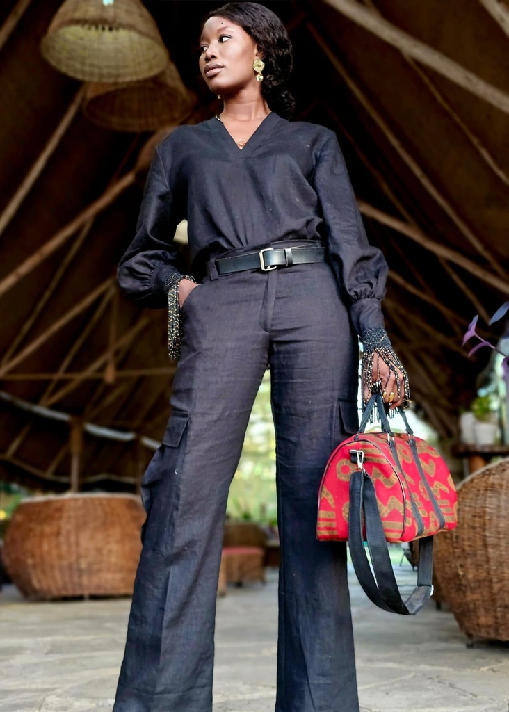 Linen puff sleeve top noire