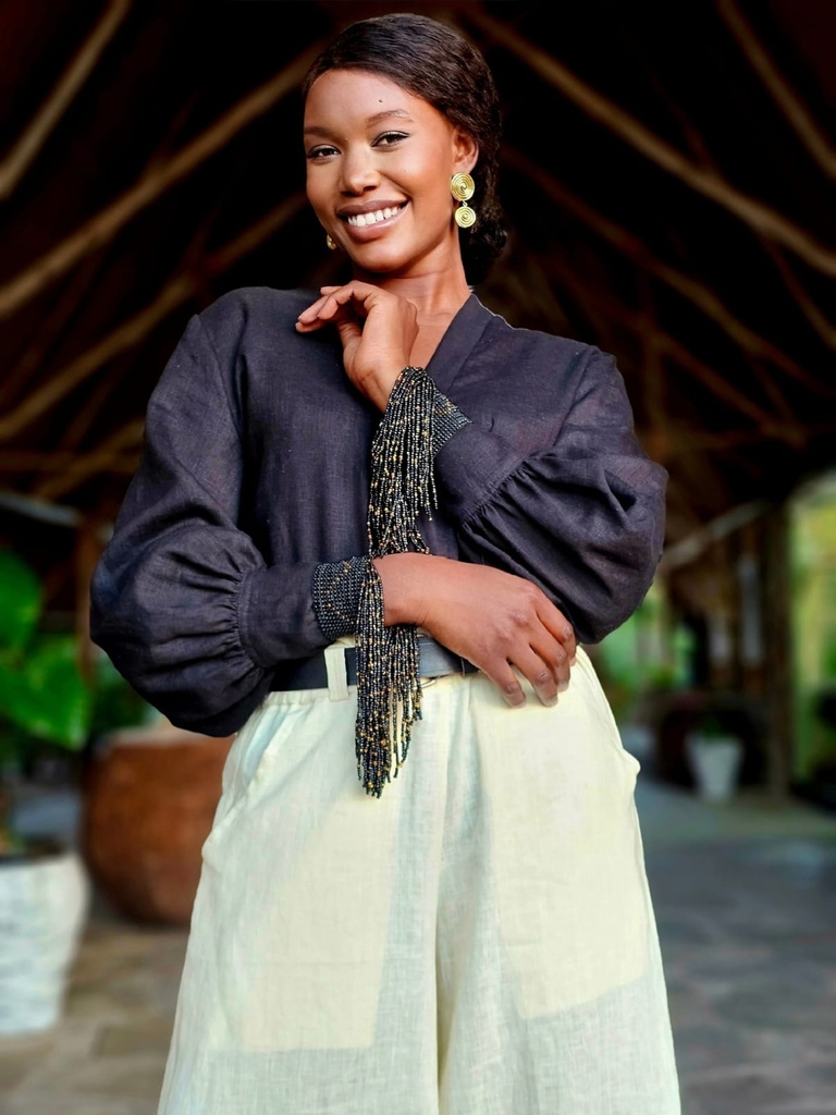 Linen puff sleeve top noire