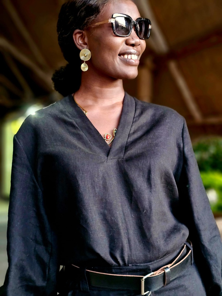 Linen puff sleeve top noire