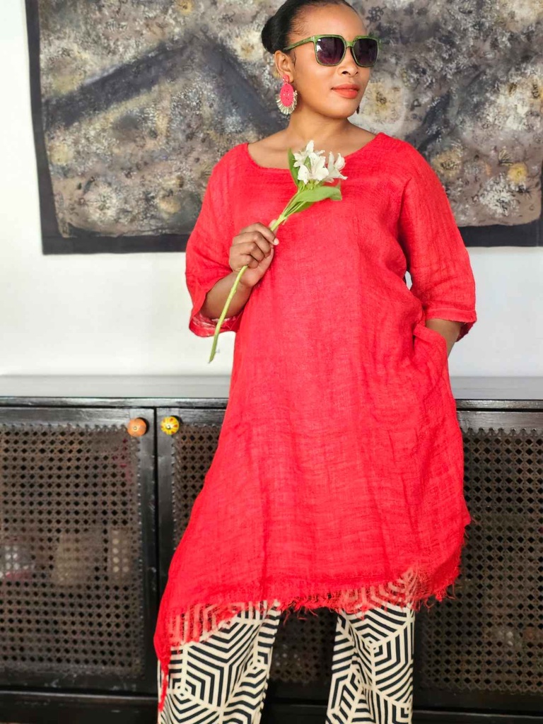 Linen gauze tunic in scarlet