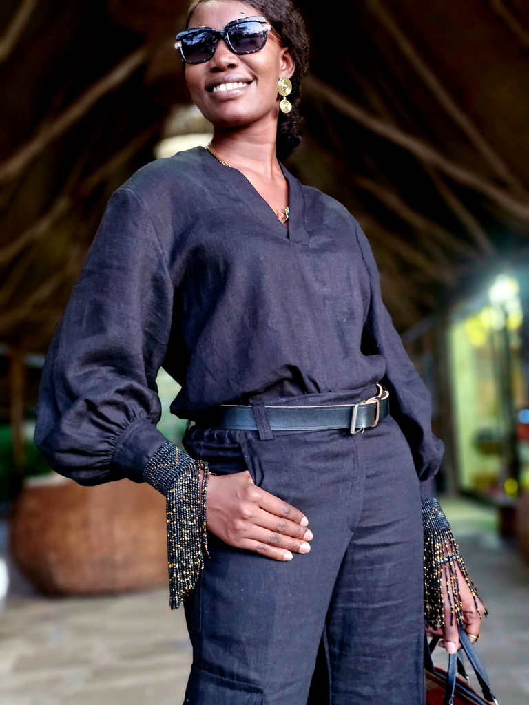 Linen puff sleeve top noire