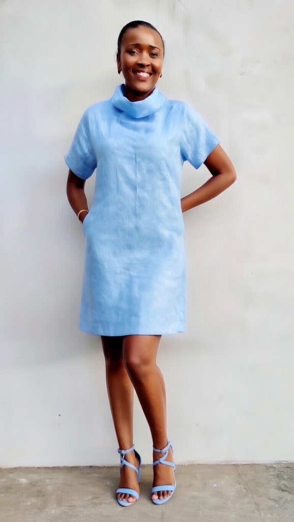 Linen turtleneck dress light blue