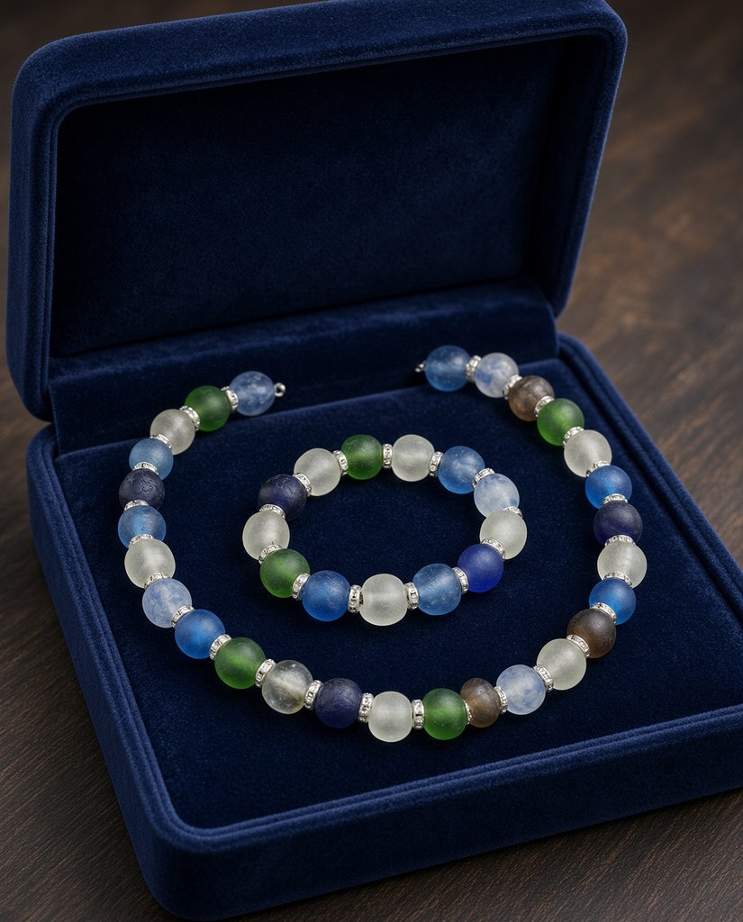 Raw glass and Swarovski necklace and bracelet set