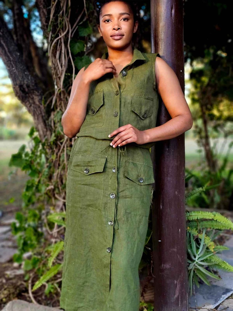 Linen safari dress in jungle green