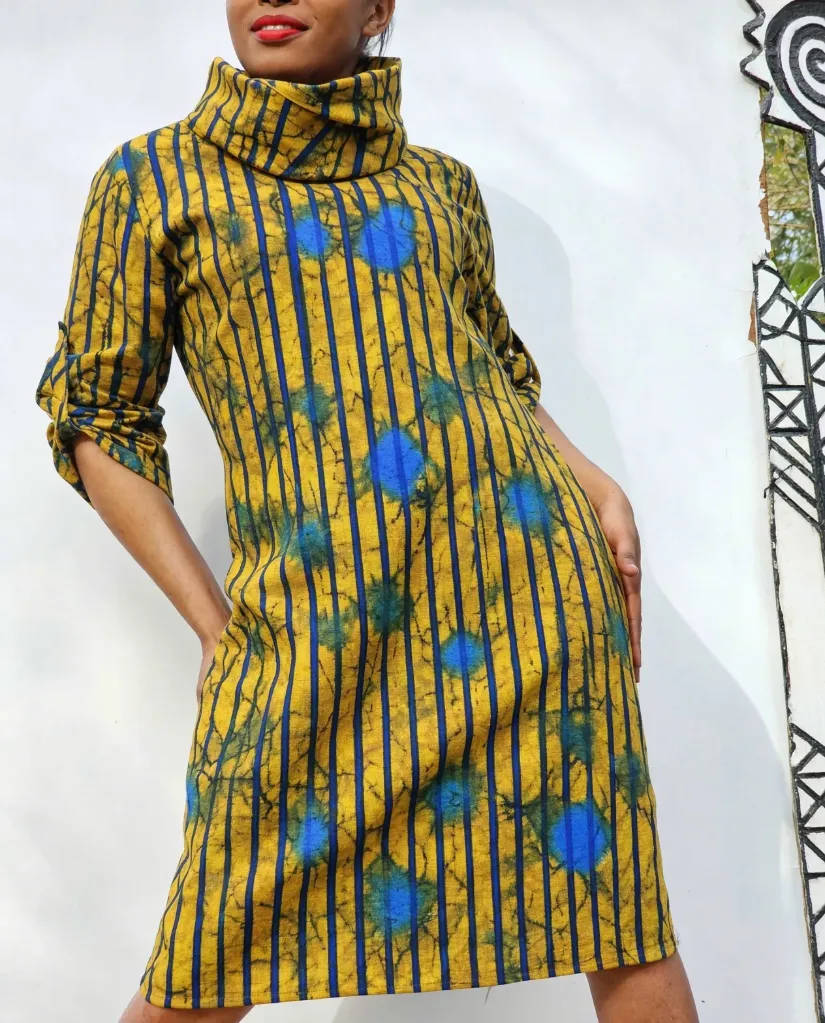 Ochre blue fitted turtleneck dress
