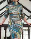 Fitted turtleneck dress blue patchwork